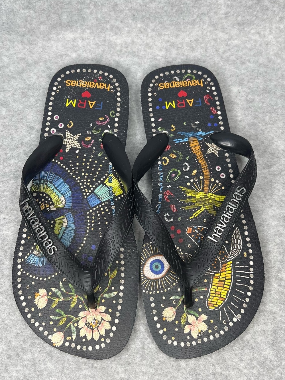 Farm Rio Black Multi Sandal in Black Havaianas Thong Flip Flops Women’s Size 7/8 - Picture 4 of 16